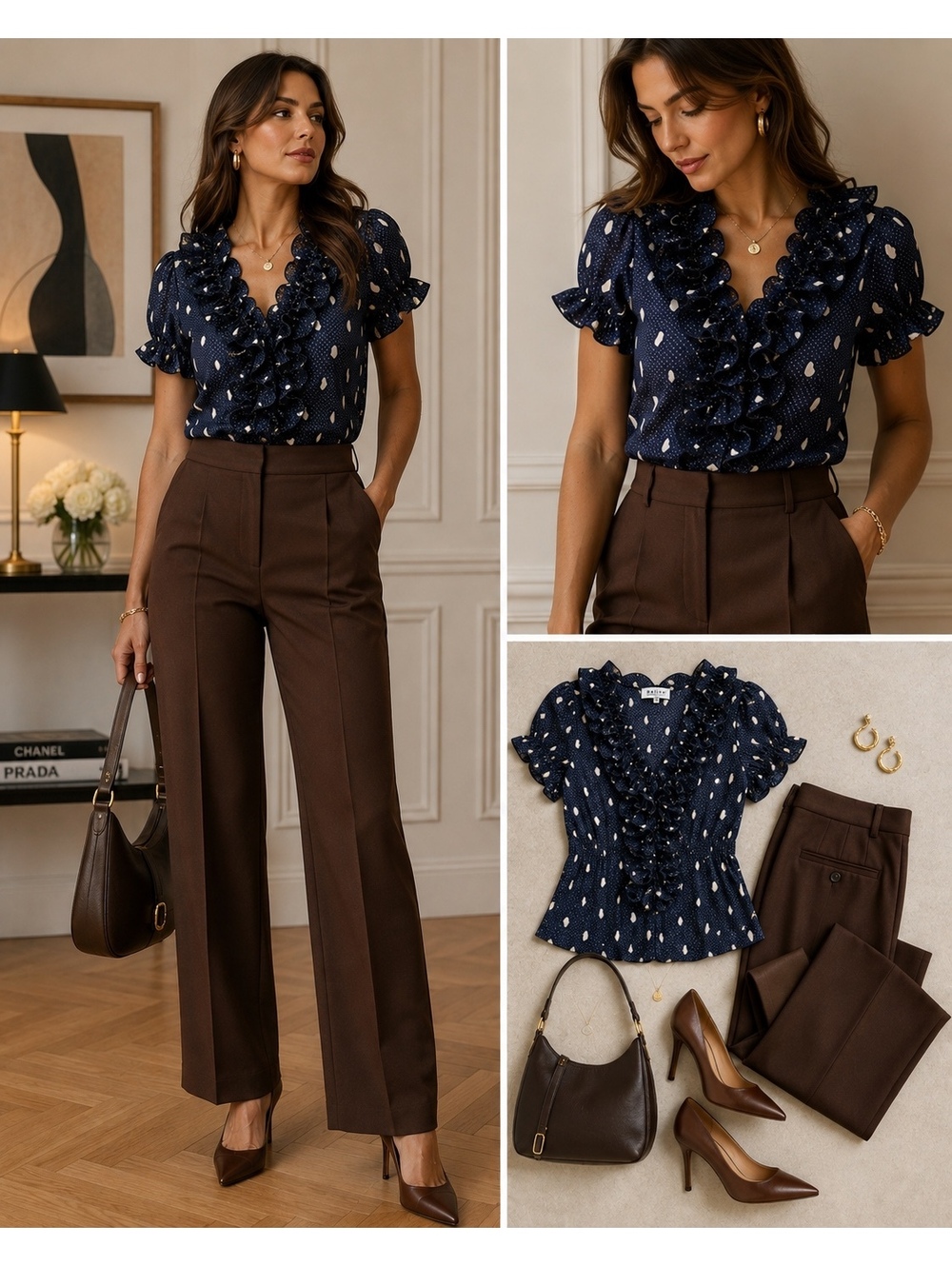 Beline Paris Made in France Ruffle Mousseline Blouse Navy Size 6 Sm/Med